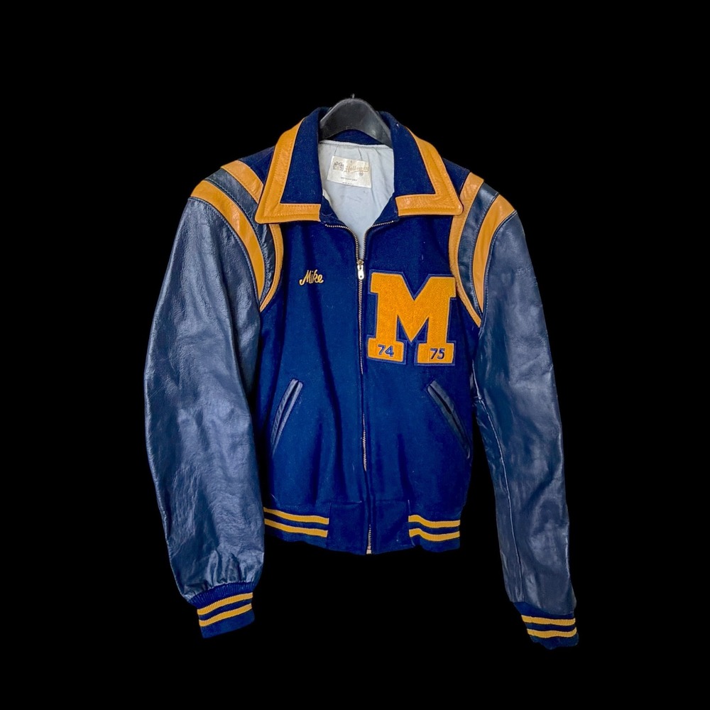 Vintage Holloway Varsity Jacket Sz 40 Blue Wool Yellow Leather Letterman 74 75